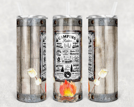 20 oz Skinny Tumbler Wood Vintage Sign Camping Rules Camp Sublimation