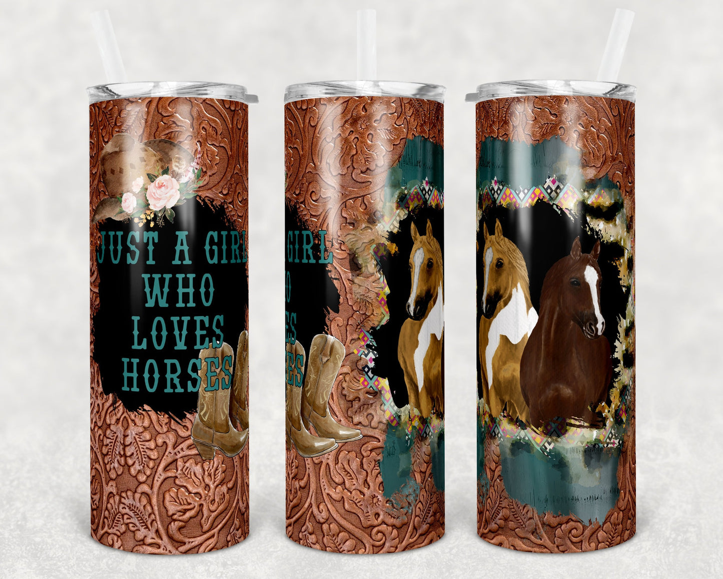 20 oz Skinny Tumbler Sublimation Leather Just a Girl who Loves Horses Straight and Warped Design
