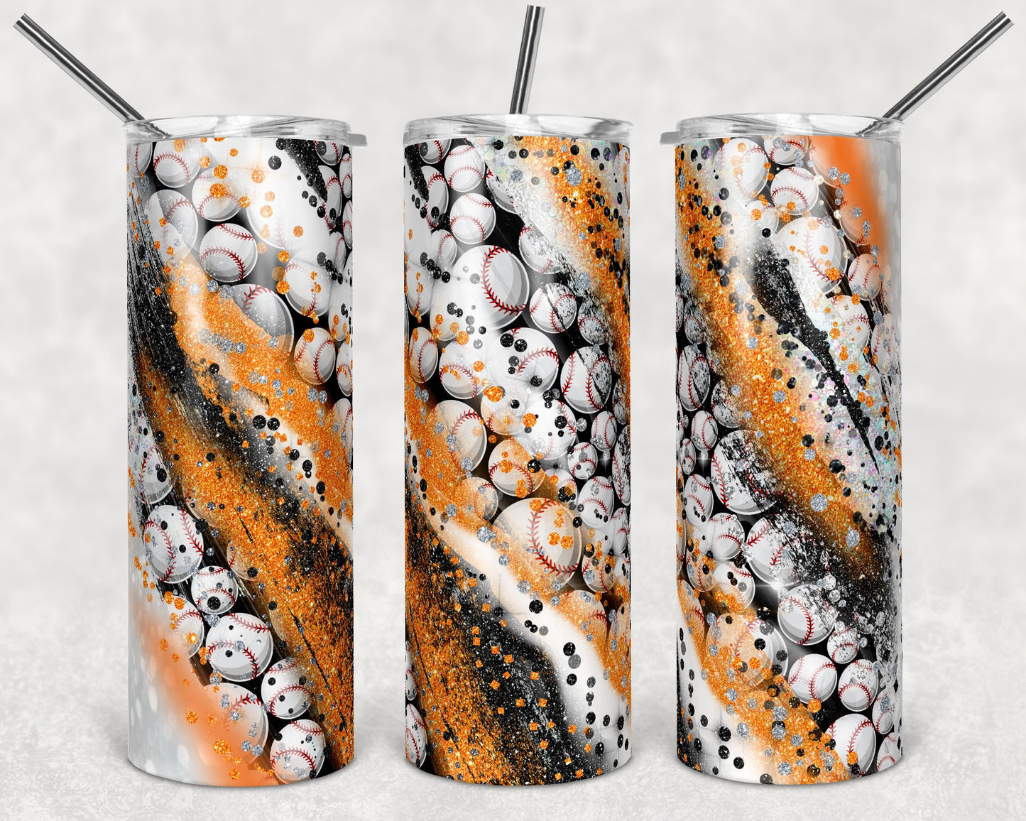 20 oz Skinny Tumbler Sublimation Template Milky Way Glitter Orange Black Sport Baseball Straight Warped Design tumblers