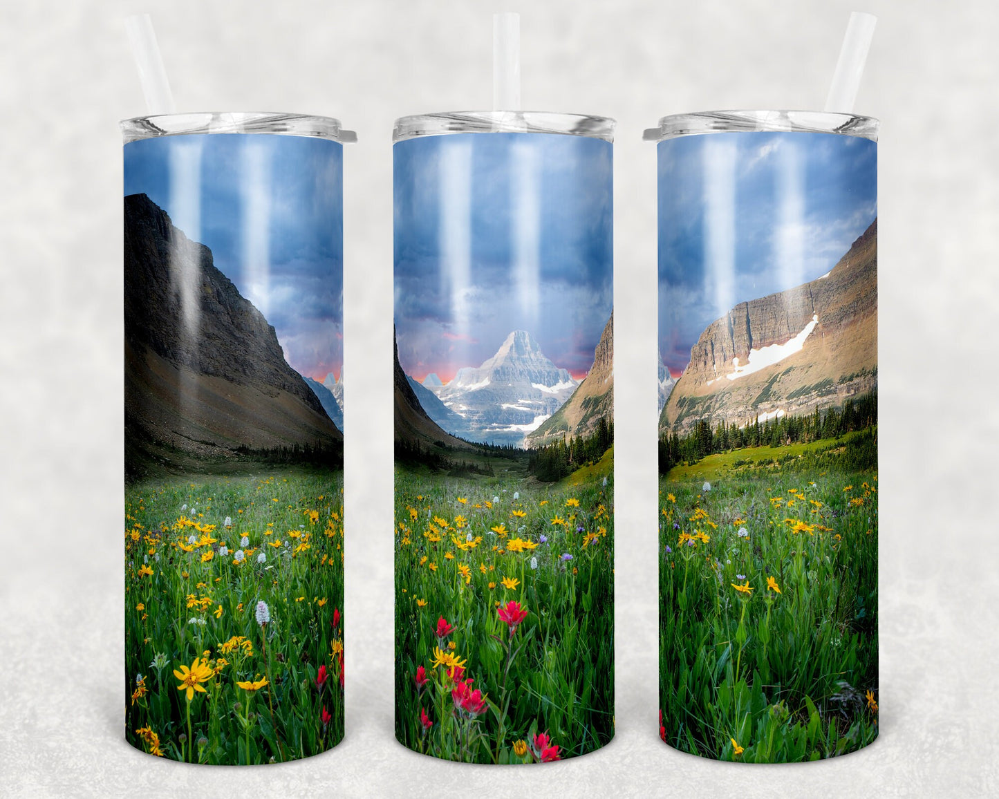 20 oz Skinny Tumbler Mountain and Wildflowers Landscape Sublimation Design Mountains
