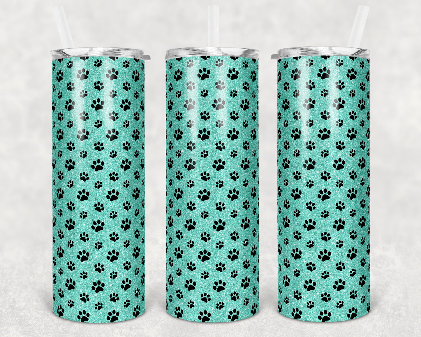 20 oz Skinny Tumbler Sublimation Template Teal Paw Print Glitter mint Straight and Warped Design
