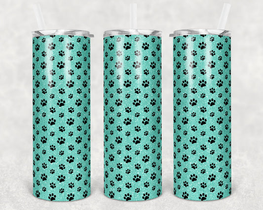 20 oz Skinny Tumbler Sublimation Template Teal Paw Print Glitter mint Straight and Warped Design