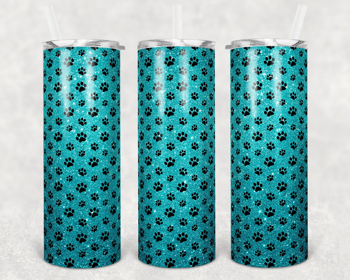 20 oz Skinny Tumbler Sublimation Template Teal Paw Print Glitter Straight and Warped Design