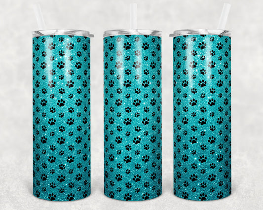 20 oz Skinny Tumbler Sublimation Template Teal Paw Print Glitter Straight and Warped Design