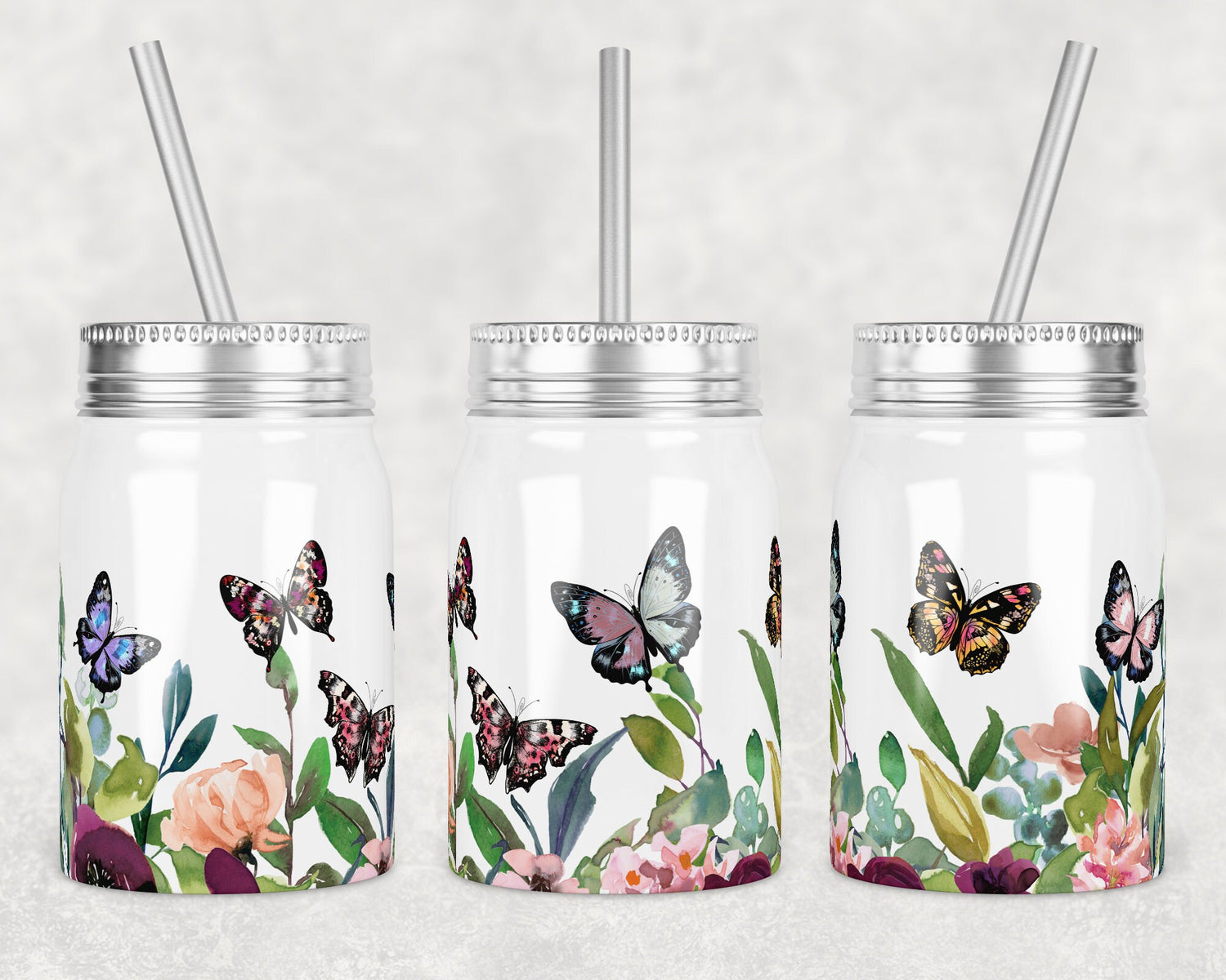 17 oz Mason Jar Tumbler Sublimation Design Template Butterfly Maroon Floral Design Instant
