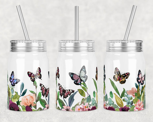 17 oz Mason Jar Tumbler Sublimation Design Template Butterfly Maroon Floral Design Instant