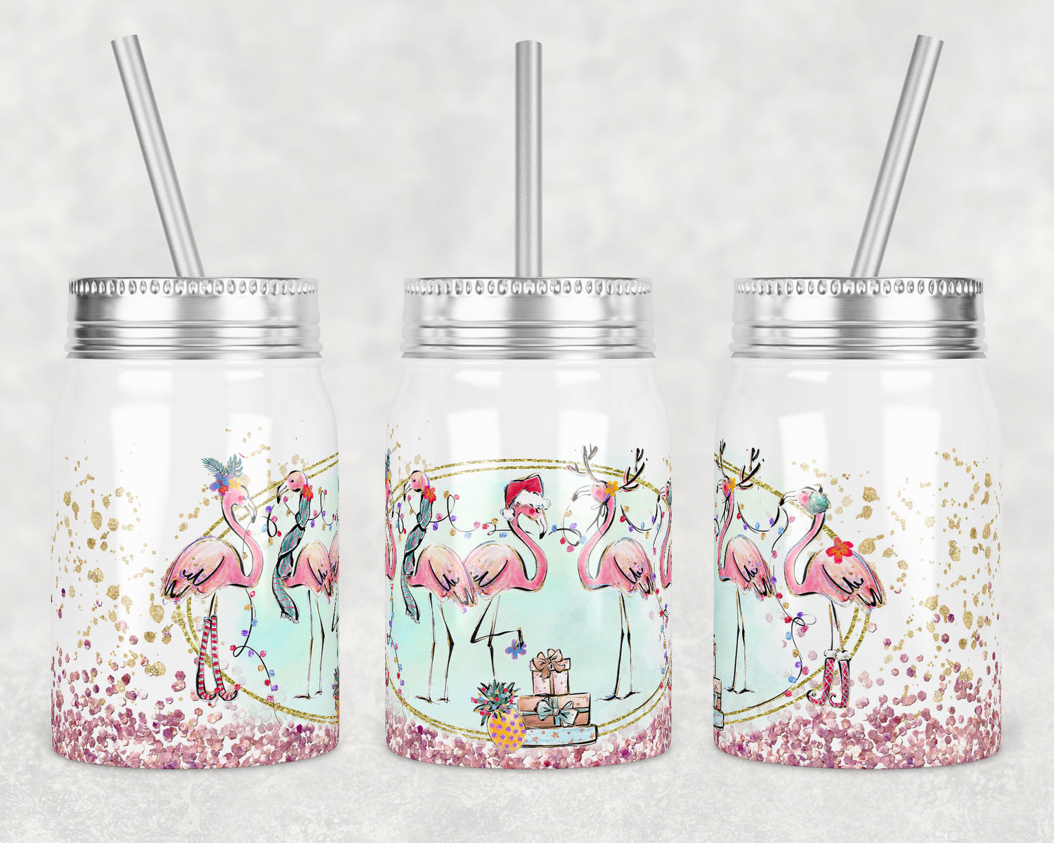 17 oz Mason Jar Tumbler Sublimation Design Template Christmas Winter Flamingos Flamingo Design Instant