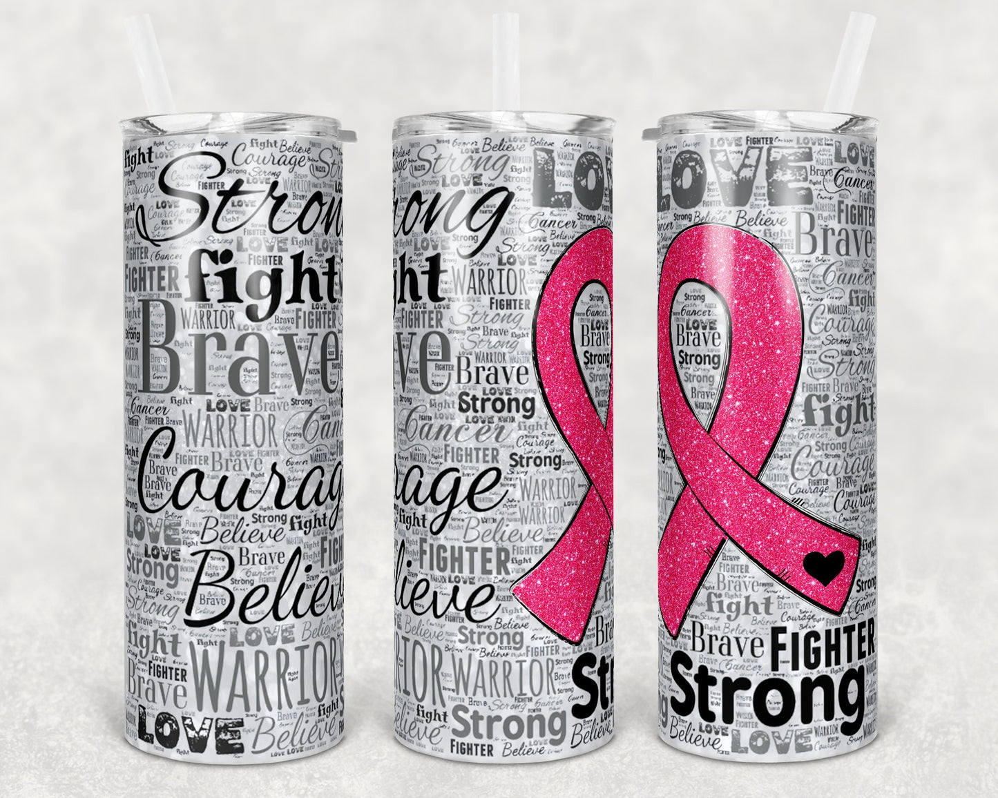 20 oz Skinny Tumbler Sublimation Glitter Awareness Ribbon Word Art breast Cancer Pink Straight Warped Design tumblers