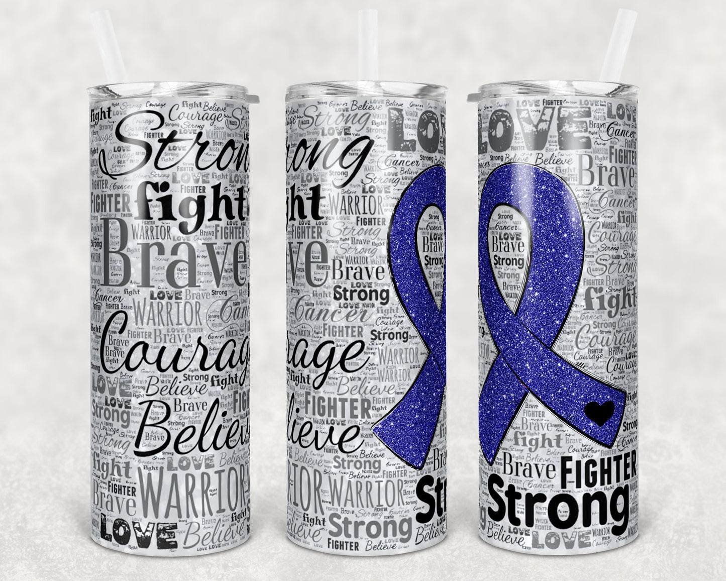 20 oz Skinny Tumbler Sublimation Glitter Awareness Ribbon Word Art Cancer Blue Straight Warped Design