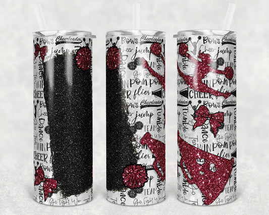 20 oz Skinny Tumbler Cheer Blank for Name Glitter Maroon Black Sublimation Design