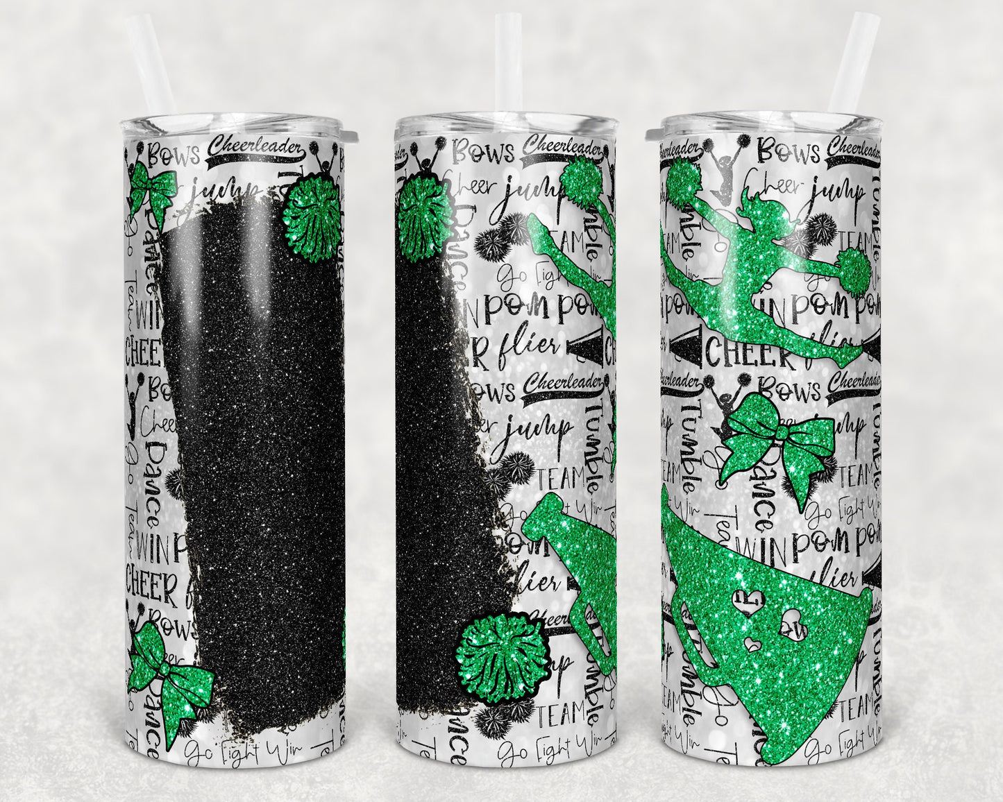 20 oz Skinny Tumbler Cheer Blank for Name Glitter Green Black Sublimation Design
