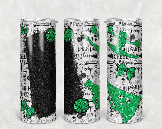 20 oz Skinny Tumbler Cheer Blank for Name Glitter Green Black Sublimation Design