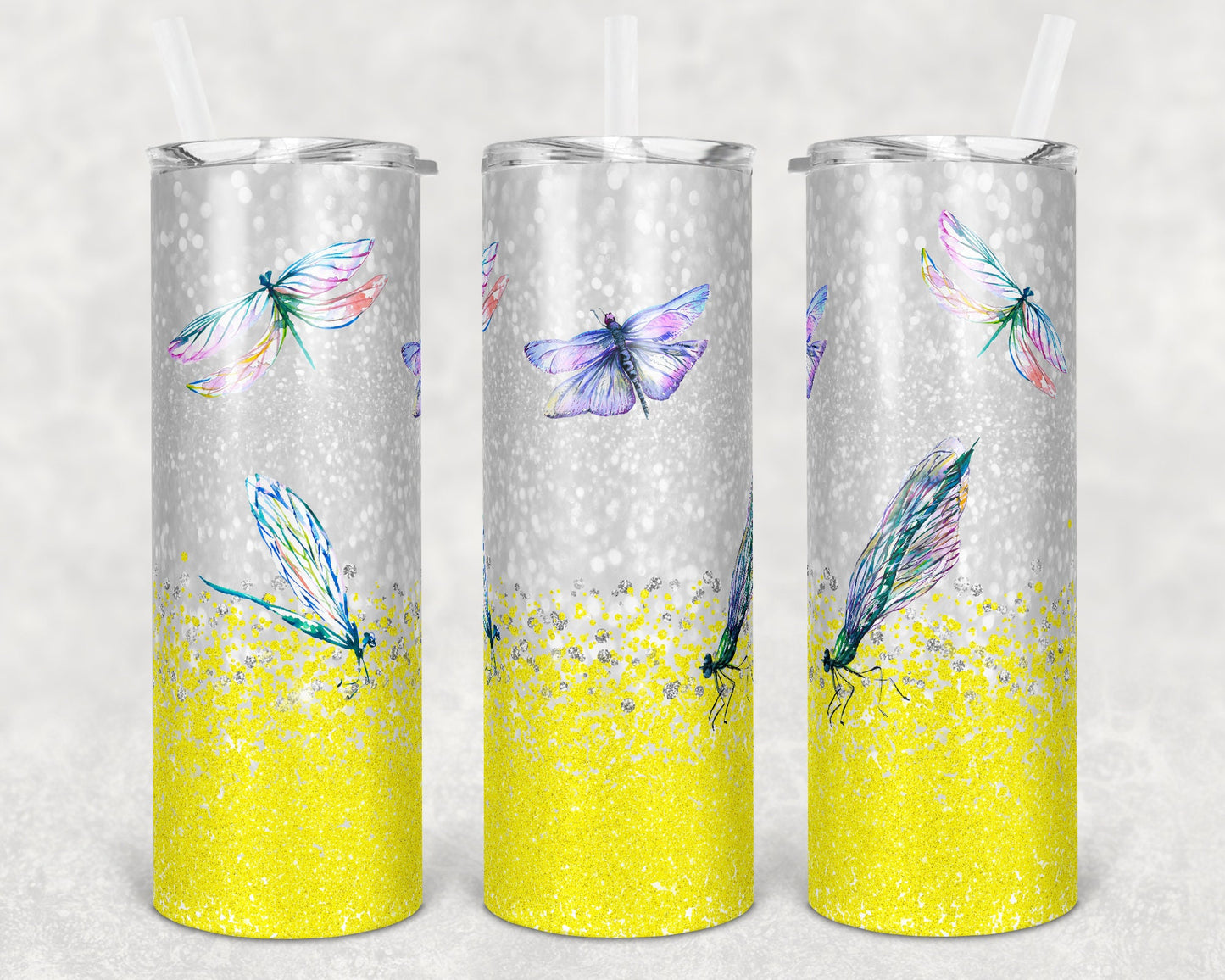 20 oz Skinny Tumbler Yellow Glitter Dragonfly Sublimation Design Print Transfer butterfly