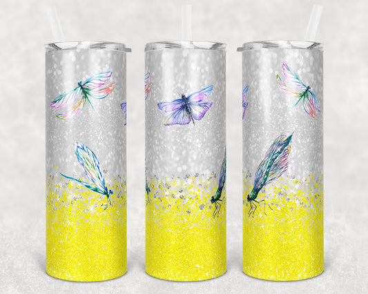 20 oz Skinny Tumbler Yellow Glitter Dragonfly Sublimation Design Print Transfer butterfly