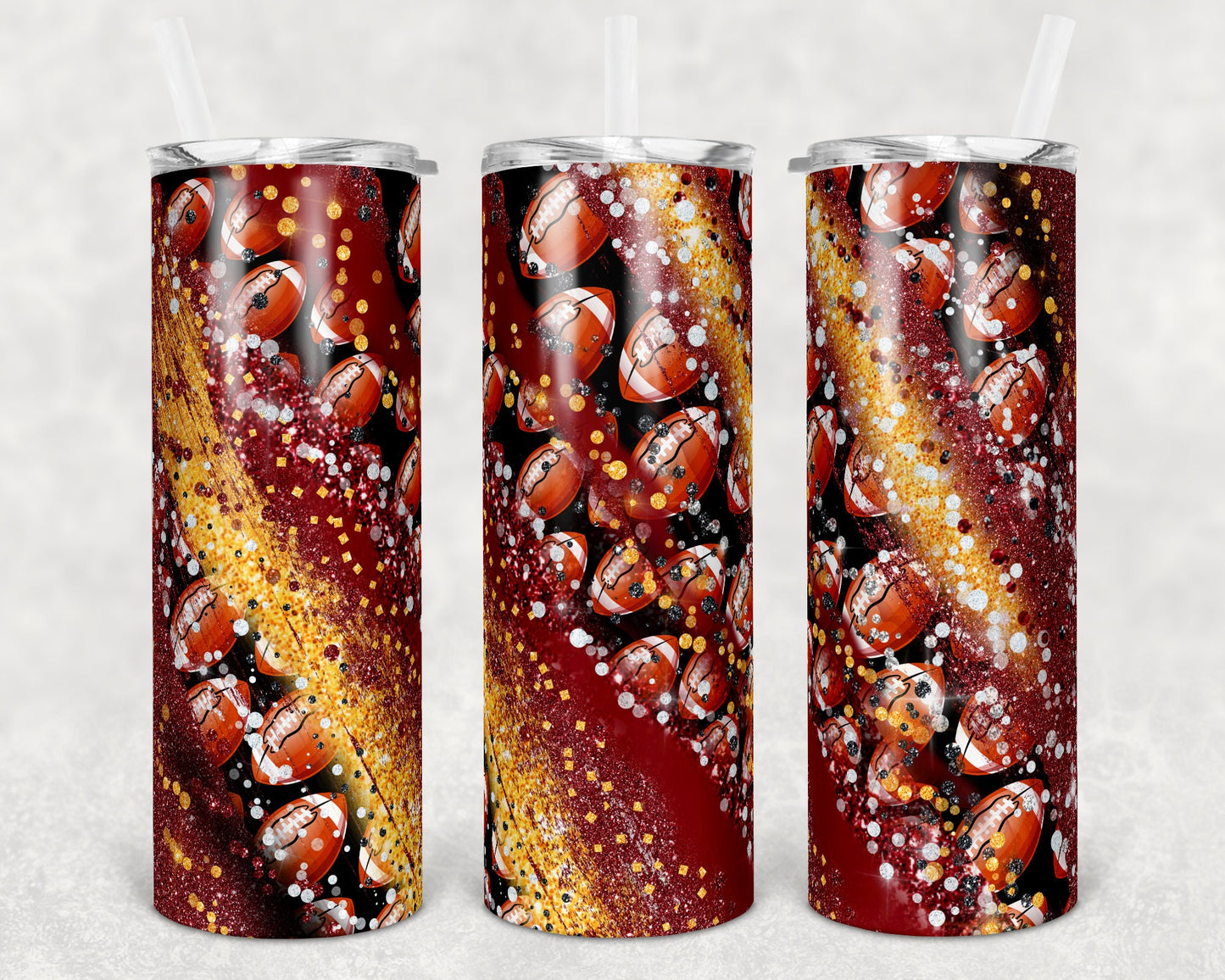 20 oz Skinny Tumbler Sublimation Template Milky Way Football Maroon Gold Straight Warped Design
