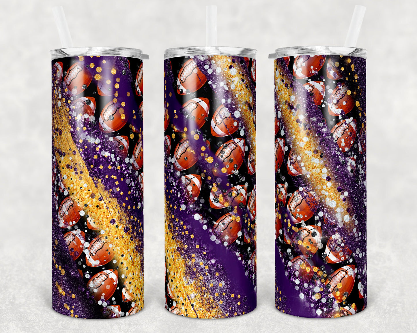 20 oz Skinny Tumbler Sublimation Template Milky Way Football Purple Gold Straight Warped Design