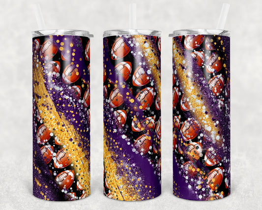 20 oz Skinny Tumbler Sublimation Template Milky Way Football Purple Gold Straight Warped Design