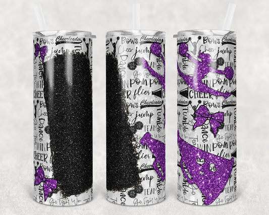 20 oz Skinny Tumbler Cheer Blank for Name Glitter Purple Black Sublimation Design