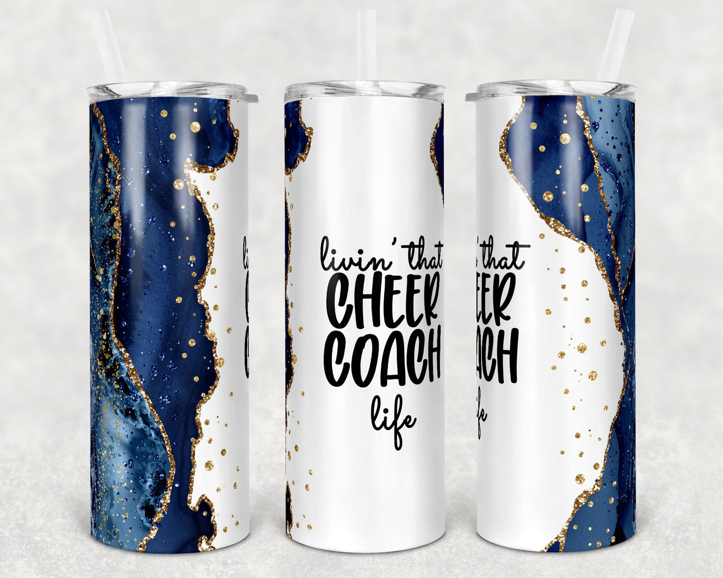 20 oz Skinny Tumbler Cheer Coach Glitter Agate Navy Gold Sublimation Design Print Transfer