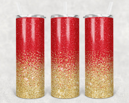 20 oz Skinny Tumbler Sublimation Design Template Glitter Ombre Red Gold Straight Warped Design