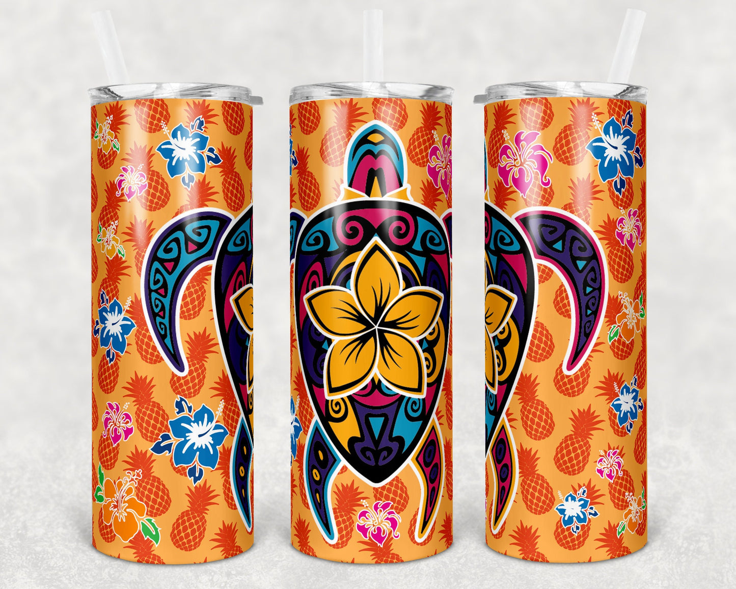20 oz Skinny Tumbler Sublimation Design Template Hawaiian Turtle and Flowers Tiki Luau