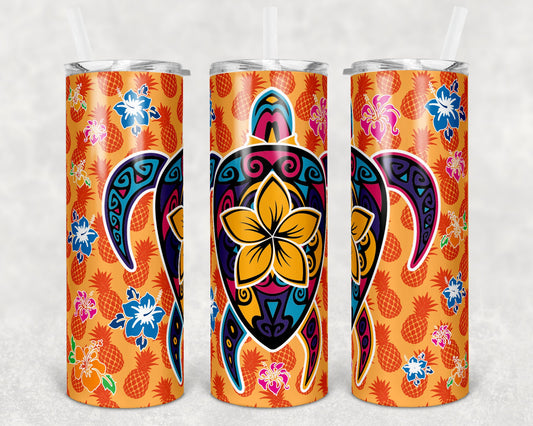 20 oz Skinny Tumbler Sublimation Design Template Hawaiian Turtle and Flowers Tiki Luau