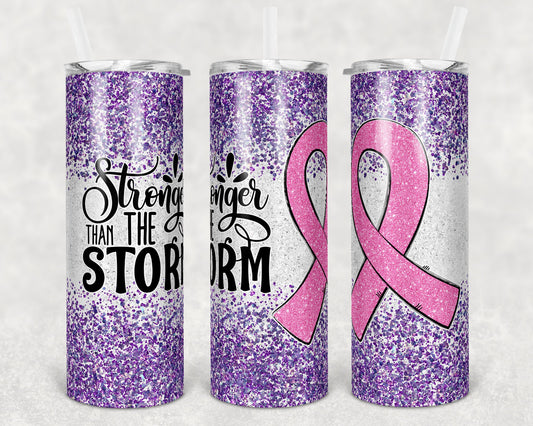 20 oz Skinny Tumbler Sublimation Glitter Pink Purple Cancer Awareness Straight and Warped Design