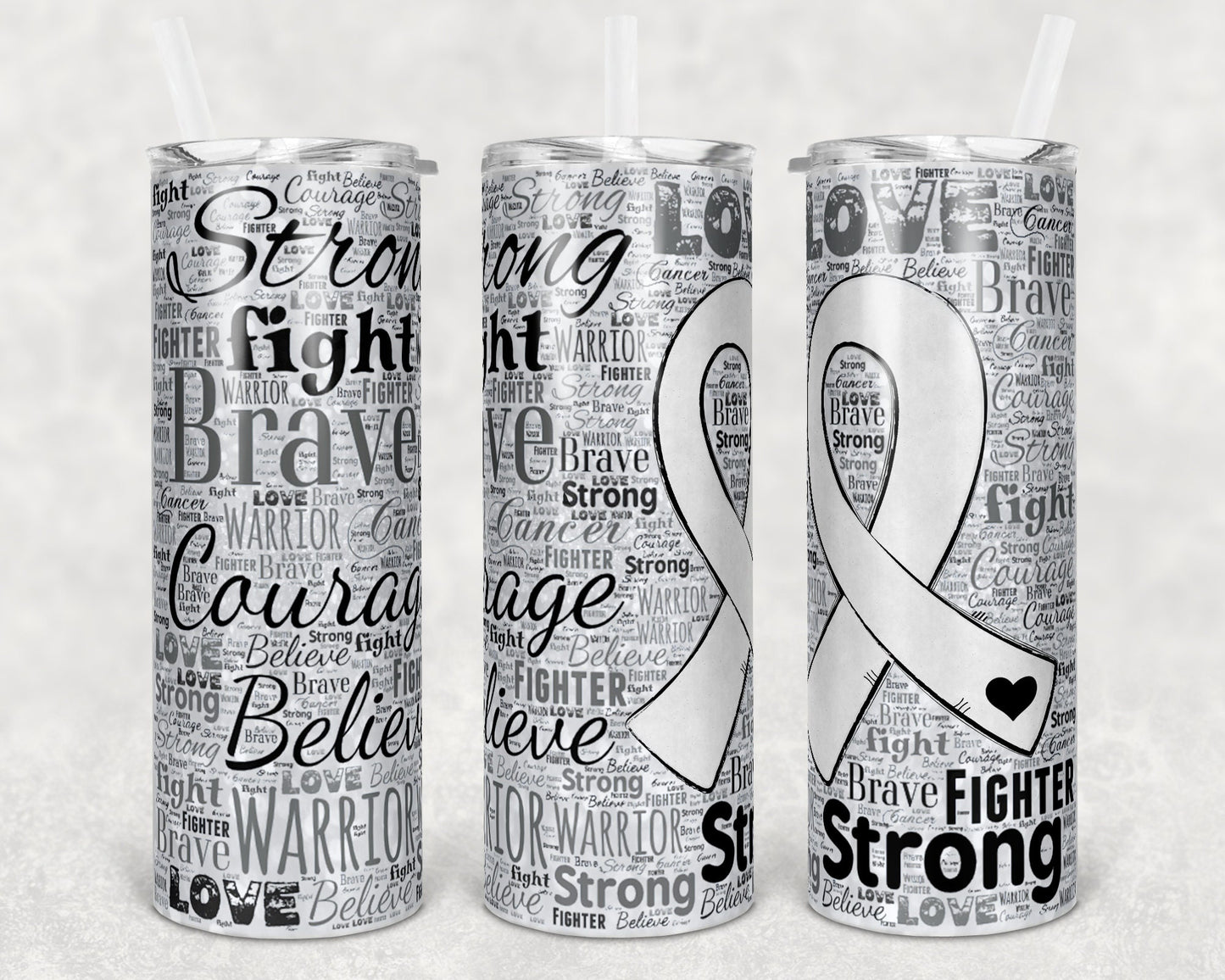 20 oz Skinny Tumbler Sublimation Awareness Ribbon Word Art Lung Cancer White Straight Warped Design tumblers