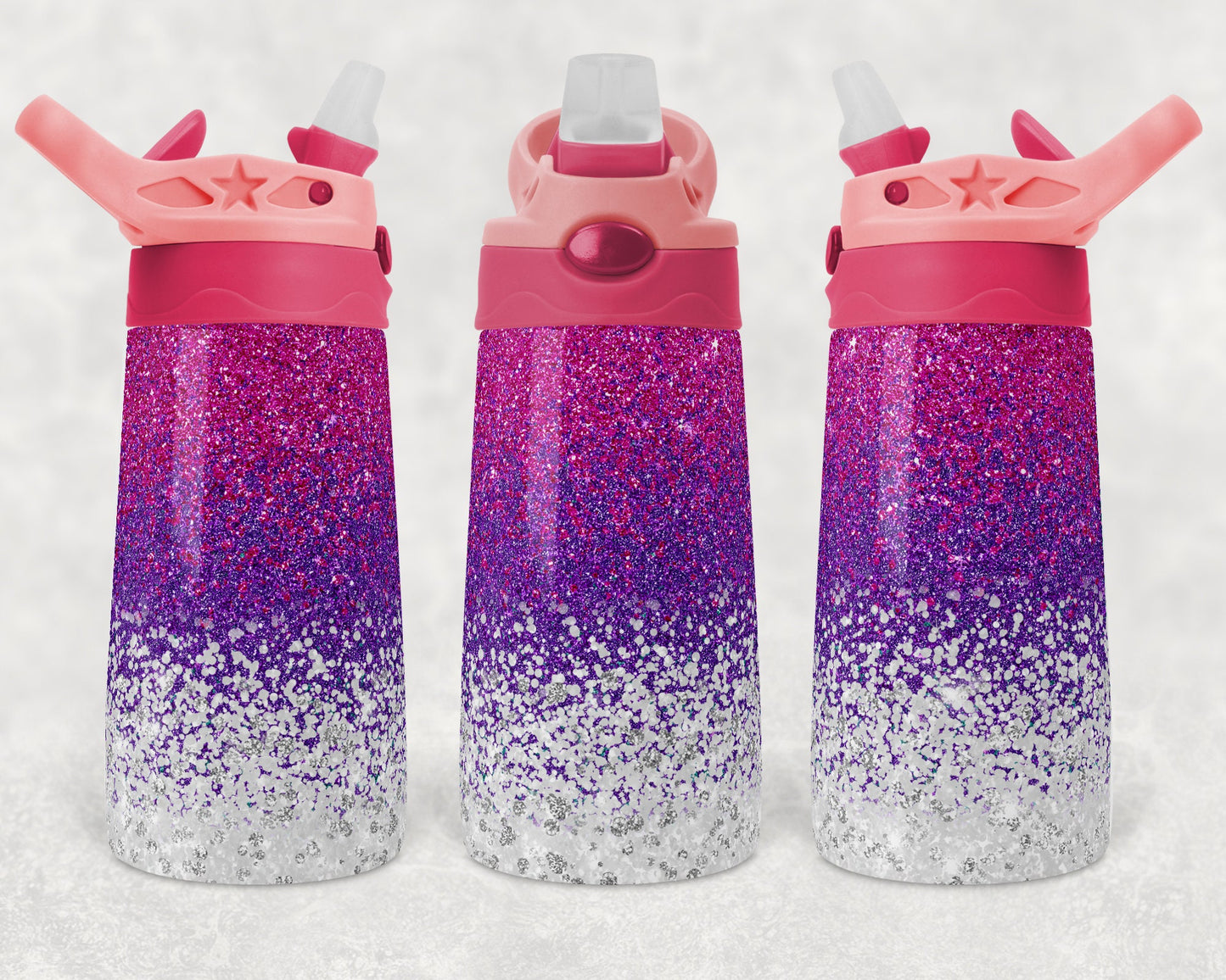Kids colored flip top water bottles Sublimation Design Template Glitter Confetti Pink Purple