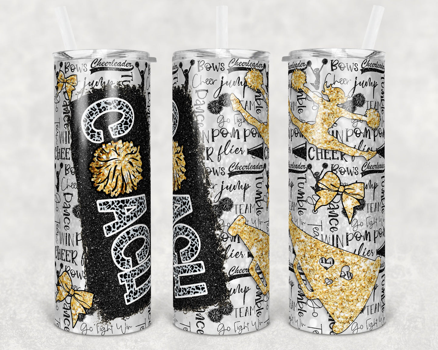 20 oz Skinny Tumbler Cheer Coach Glitter Leopard and Gold Sublimation Design Print Transfer