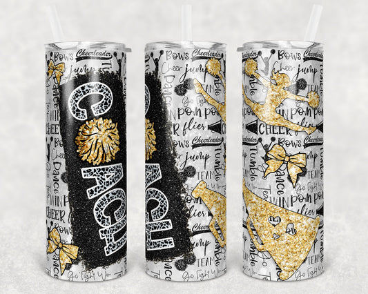 20 oz Skinny Tumbler Cheer Coach Glitter Leopard and Gold Sublimation Design Print Transfer