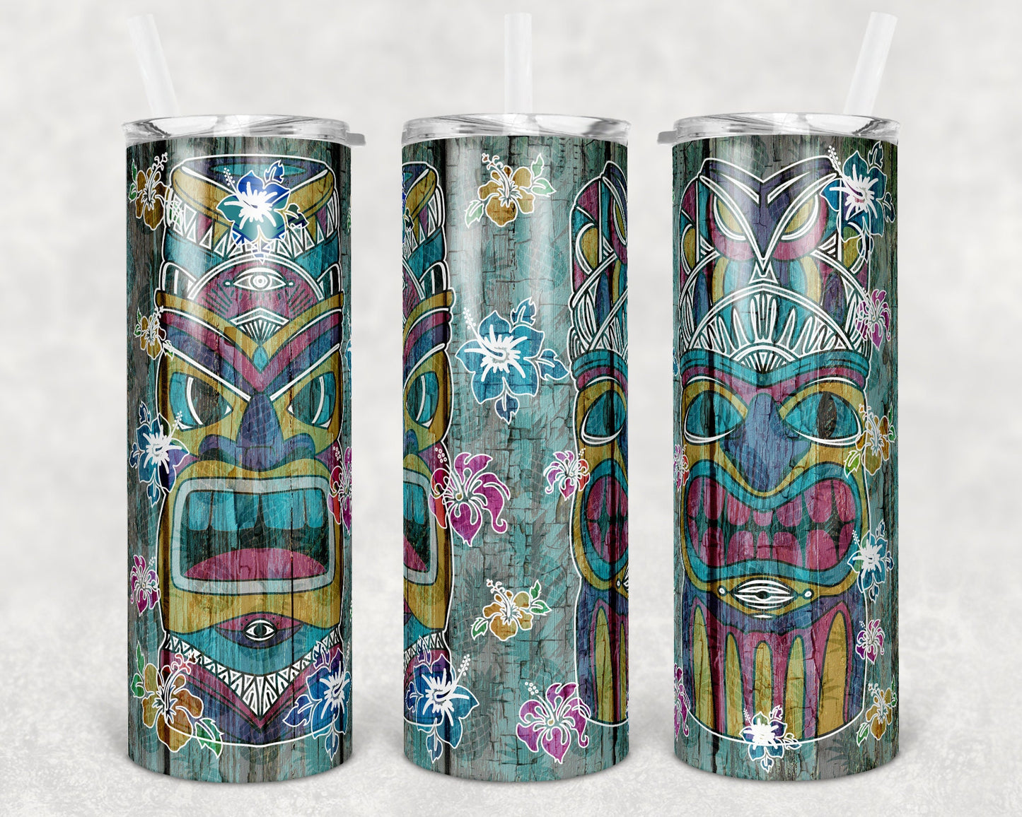 20 oz Skinny Tumbler Sublimation Design Template Hawaiian Tiki and Flowers Tiki faux wood Luau
