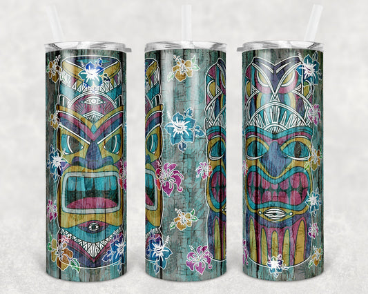 20 oz Skinny Tumbler Sublimation Design Template Hawaiian Tiki and Flowers Tiki faux wood Luau