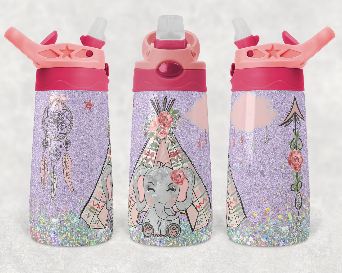Kids water bottles Sublimation Design Template Elephant Boho Glitter Design STRAIGHT and Warped