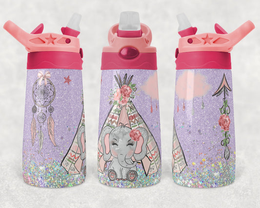 Kids water bottles Sublimation Design Template Elephant Boho Glitter Design STRAIGHT and Warped