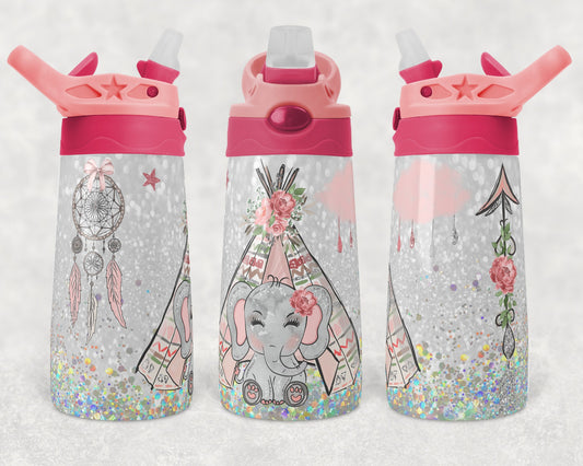 Kids water bottles Sublimation Design Template Elephant Boho Glitter Design STRAIGHT and Warped