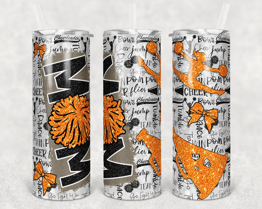 20 oz Skinny Tumbler Cheer Mom Orange Glitter Leopard and Black Sublimation Design