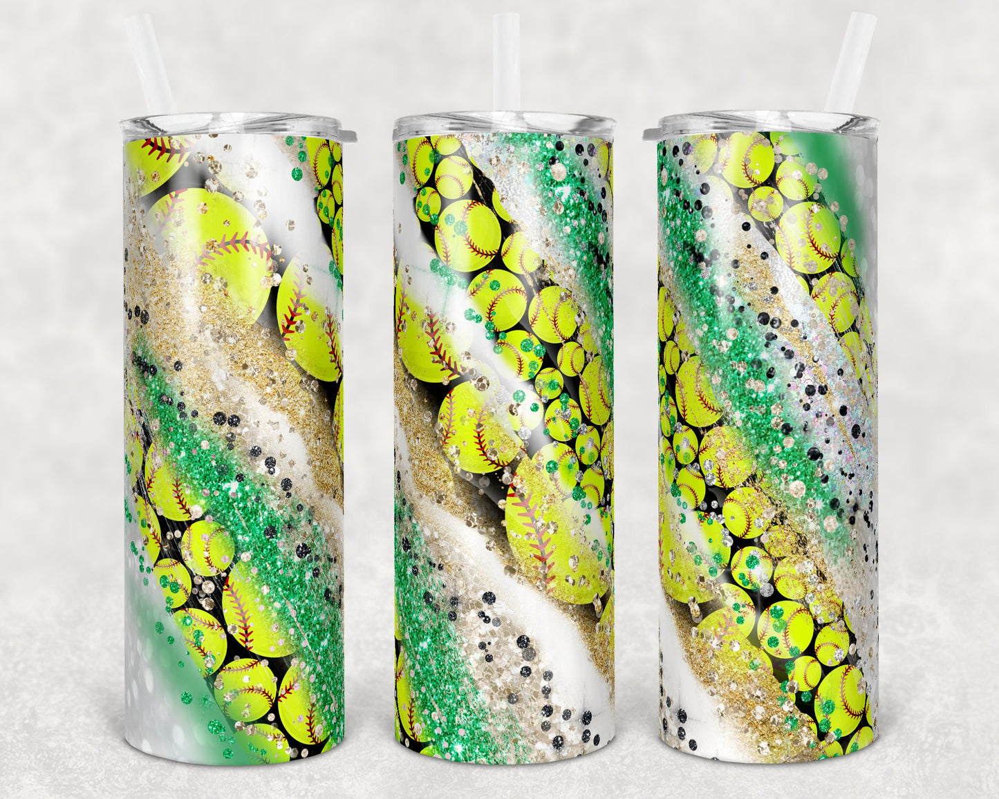 20 oz Skinny Tumbler Sublimation Template Milky Way Glitter Spo Softball green gold Straight Warped Design