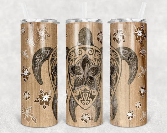 20 oz Skinny Tumbler Sublimation Design Template Hawaiian Turtle and Flowers Faux Wood Tiki Luau