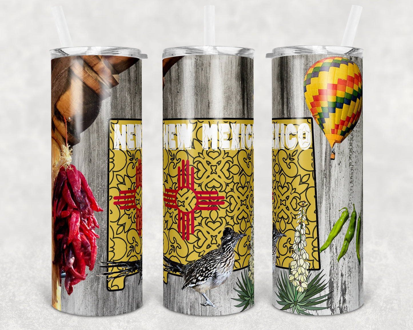 20 oz Skinny Tumbler New Mexico State hot air balloon roadrunner chiles Sublimation Design