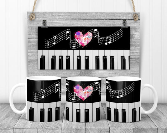 Sublimation Coffee Mug Piano Heart Notes Music Sublimation Design Design Size to 100 oz or 15 oz
