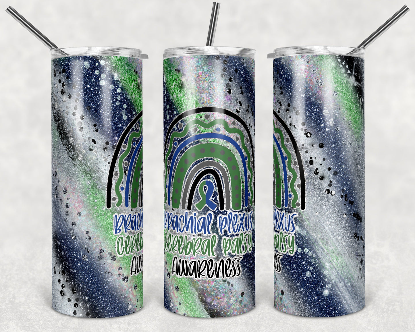 20 oz Skinny Tumbler Sublimation Glitter Brachial Plexus Cerebral Palsy Awareness Straight and Warped Design