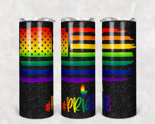 20 oz Skinny Tumbler Sublimation Design Template Gay Pride Flag Rainbow Black Glitter Design