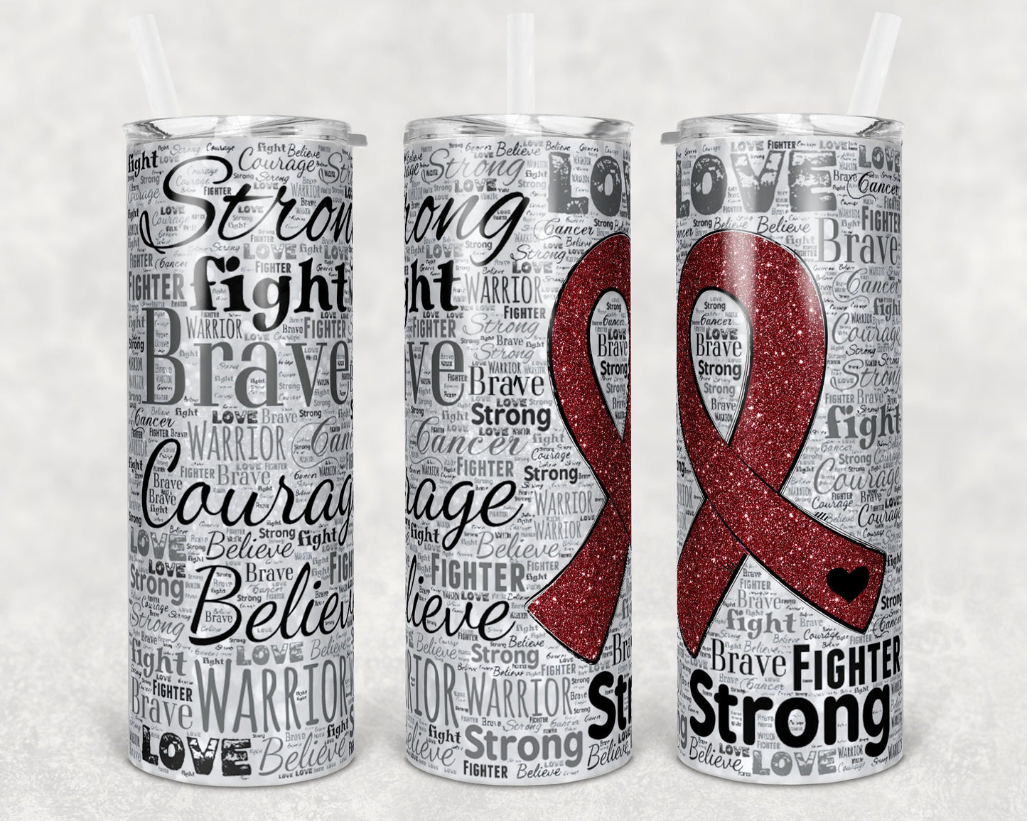 20 oz Skinny Tumbler Sublimation Glitter Awareness Ribbon Word Art Cancer Maroon Straight Warped Design