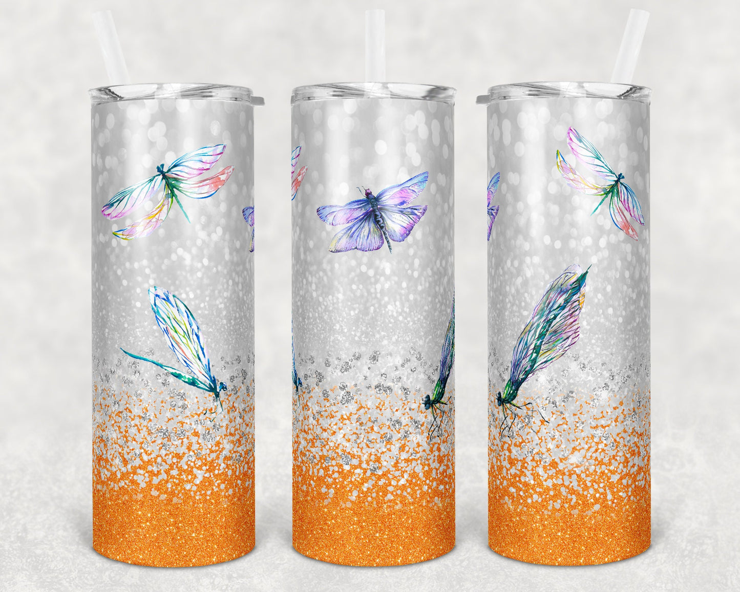20 oz Skinny Tumbler Orange Glitter Dragonfly Sublimation Design Print Transfer butterfly