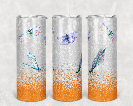 20 oz Skinny Tumbler Orange Glitter Dragonfly Sublimation Design Print Transfer butterfly