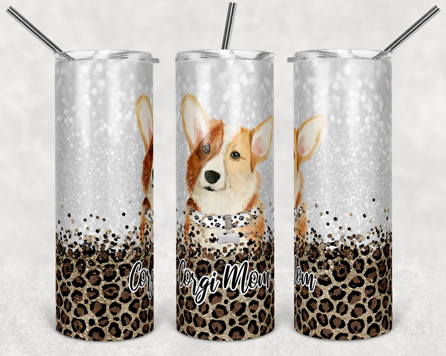 20 oz Skinny Tumbler Sublimation Corgi Dog Mom Glitter and Leopard Template Straight Warped