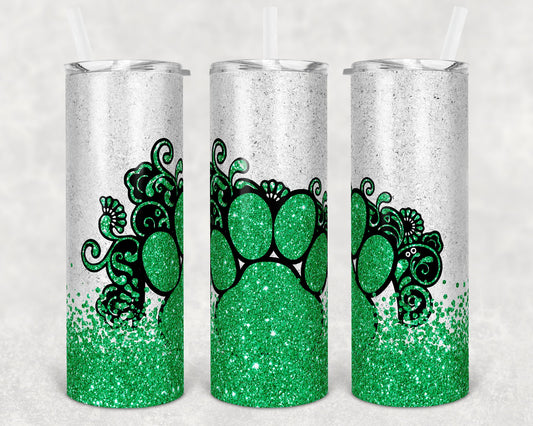 20 oz Skinny Tumbler Sublimation Template Green Glitter Paw Scroll Straight and Warped Design