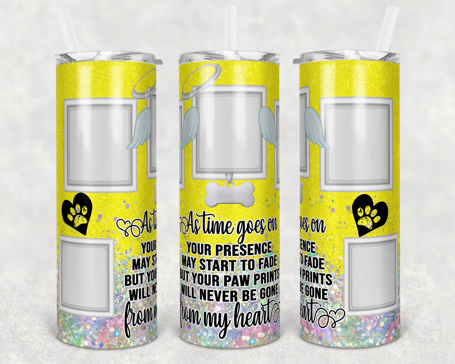 20 oz Skinny Tumbler Dog Memorial Picture Frame Yellow Holographic Faux Glitter Tumbler photos Sublimation Design