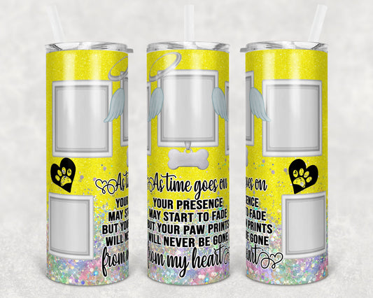 20 oz Skinny Tumbler Dog Memorial Picture Frame Yellow Holographic Faux Glitter Tumbler photos Sublimation Design